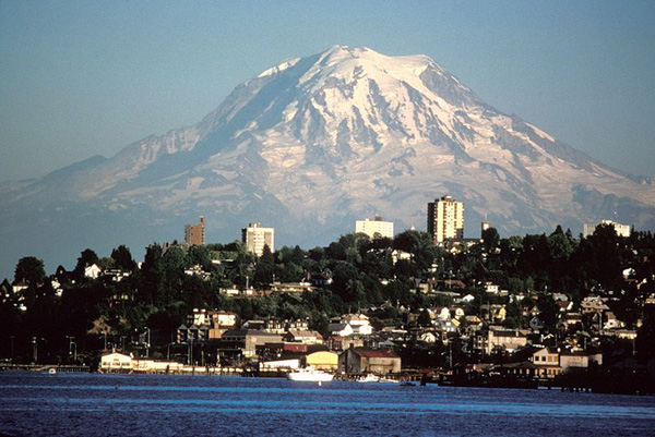 Tacoma skyline with Mount Rainier in the background, Washington, United States photo